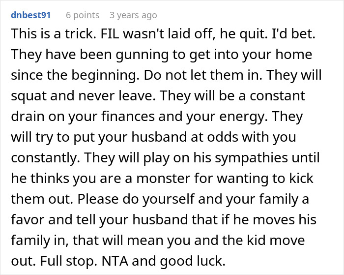Comment discussing woman fed up with in-laws constantly showing up unannounced and fearing they may move in.