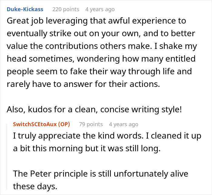 Reddit comments discussing employee performance, leadership excuses, and frustrations with workplace recognition.