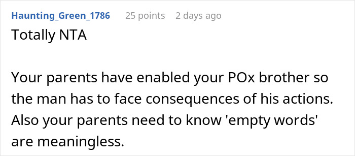 Comment on family conflict showing a guy refusing to help spoiled brother while parents react with anger.