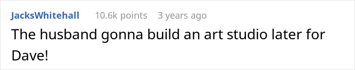 Text comment on screen about husband planning to build an art studio for Dave, related to long hairs shower suspicious husband theme.
