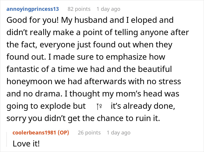 Screenshot of a Reddit conversation about a MIL accusing DIL of changing him after cutting toxic family and wedding exclusion.