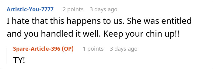 Comment thread showing user discussing dealing with handicapped spot drama after an entitled lady confrontation.