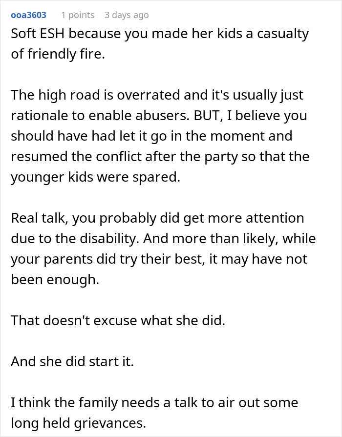 Text commentary on family conflict and children&rsquo;s confusion after sister insults, causing husband to react and woman to fire back.
