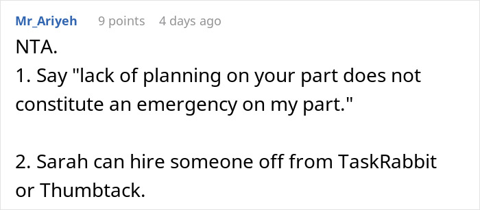 Screenshot of a forum comment advising against volunteering a boyfriend for free labor and suggesting hiring help instead.