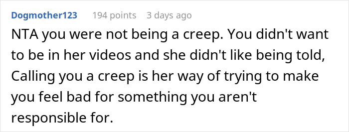 User comment on forum defending a man called a creep by a woman after he asked her to stop filming him in the gym.