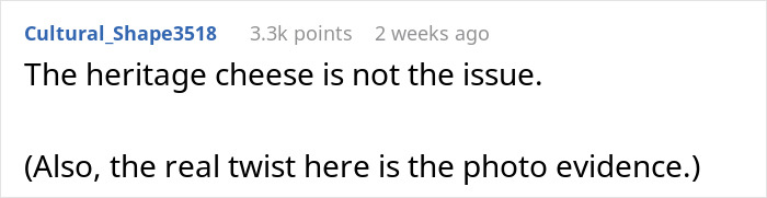 Screenshot of an online comment discussing heritage cheese with a humorous twist related to cheese-wheel-girlfriend-relationship.