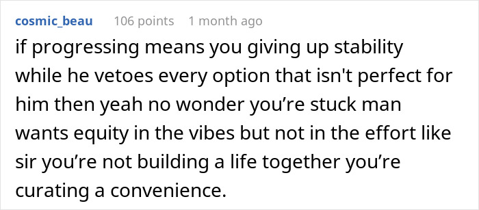 Reddit comment discussing a man wanting to move in with his girlfriend but refusing to live in her apartment.