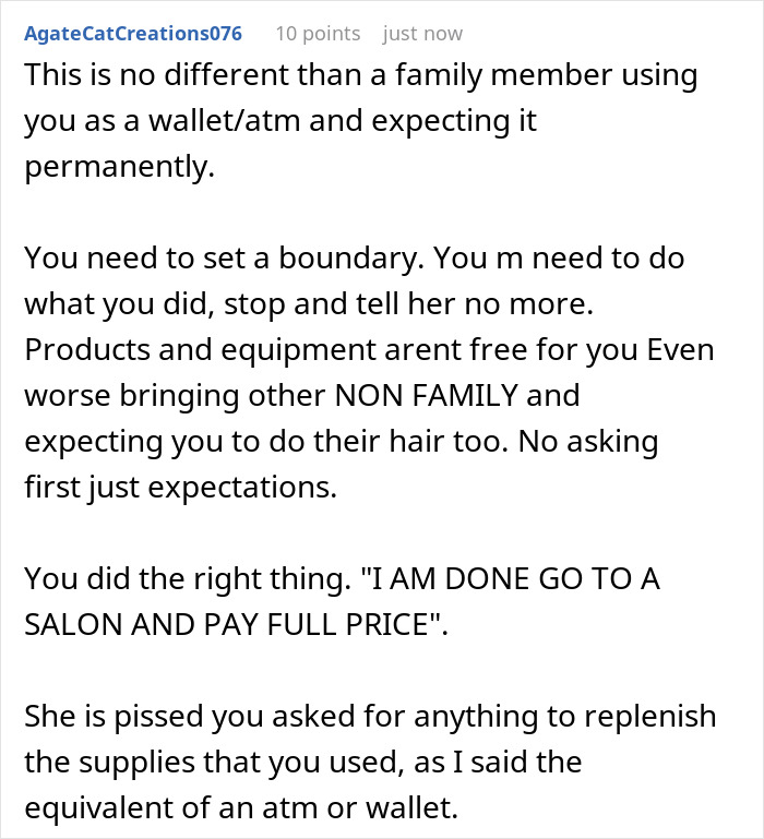 Comment explaining why entitled lady expects free hairstyles for life and boundary setting advice on salon charges.