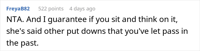 Commenter FreyaB82 responding firmly to a family dispute, discussing sister insults and reaction from husband and kids.