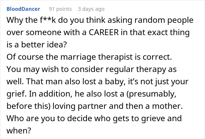 Reddit comment discussing a cheating husband and a fair therapist&rsquo;s perspective on marriage and grief.