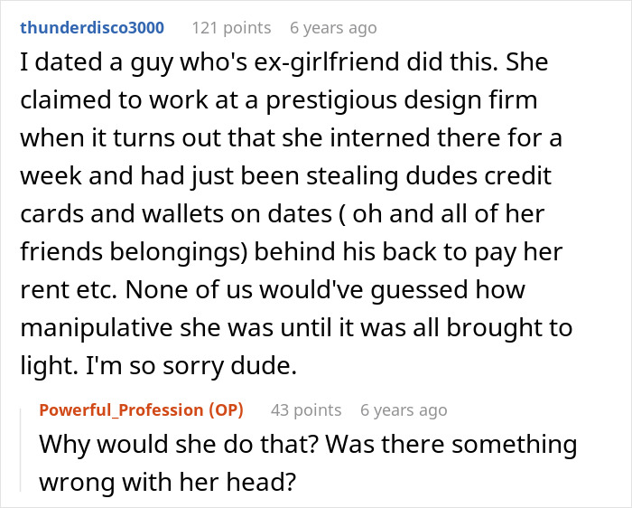 Reddit comments discussing a woman who went from psychiatric nurse to patient after boyfriend discovers her secret.
