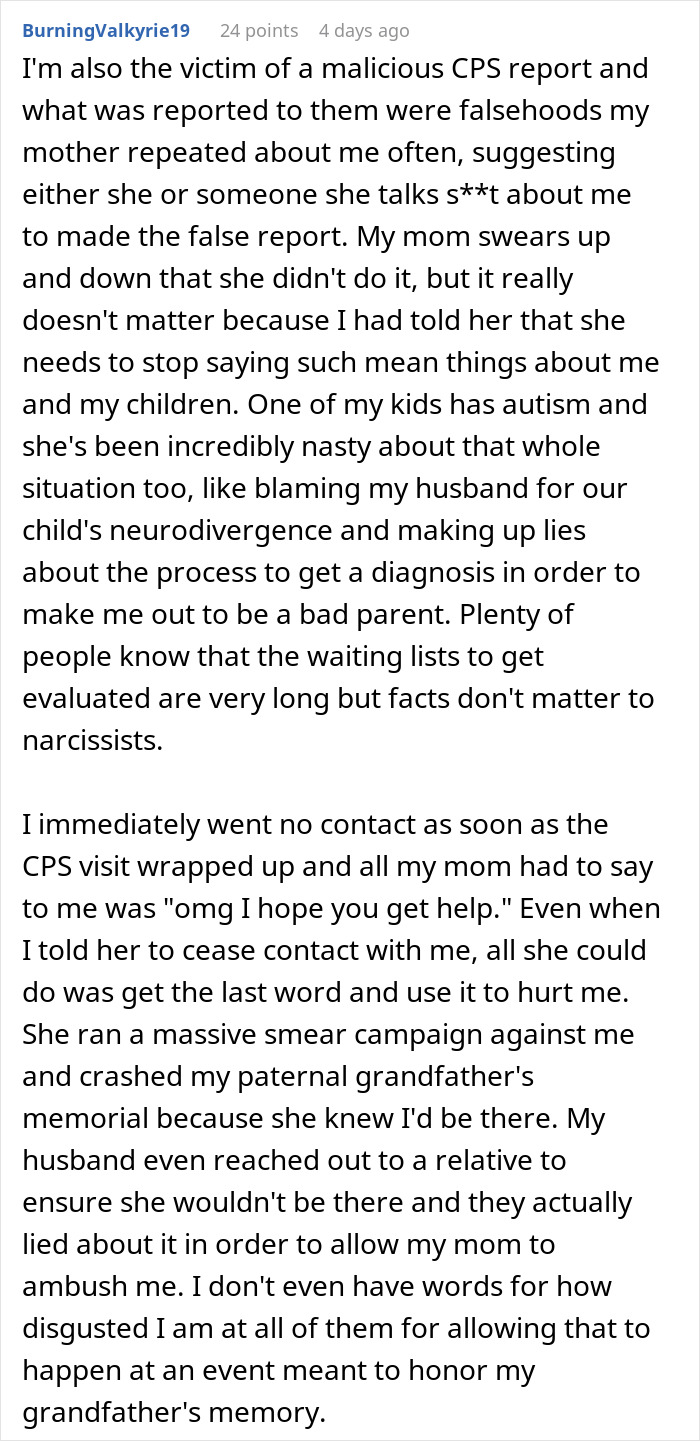 Text post describing a mother retaliating against postpartum boundaries through false reports and hurtful smear campaigns.