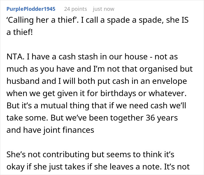 Screenshot of a forum comment discussing feeling like a thief after boyfriend locks money box, relating to borrowing cash issues.