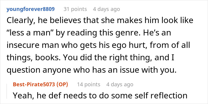 Alt text: Online discussion about woman&rsquo;s enjoyment of spicy books causing tension and humiliation at a social party.