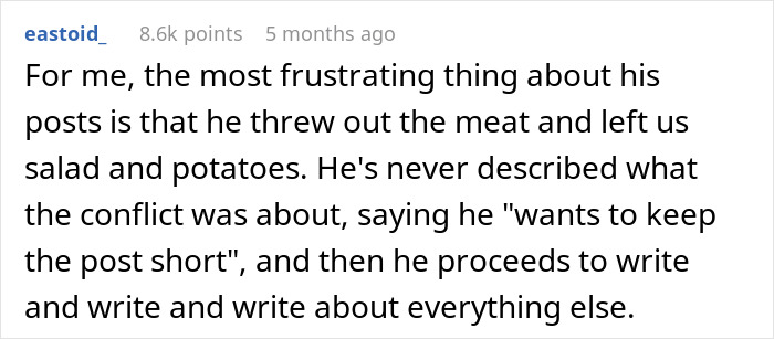 Comment about man date single mom drama expressing frustration over unclear conflict and excessive unrelated details in posts.