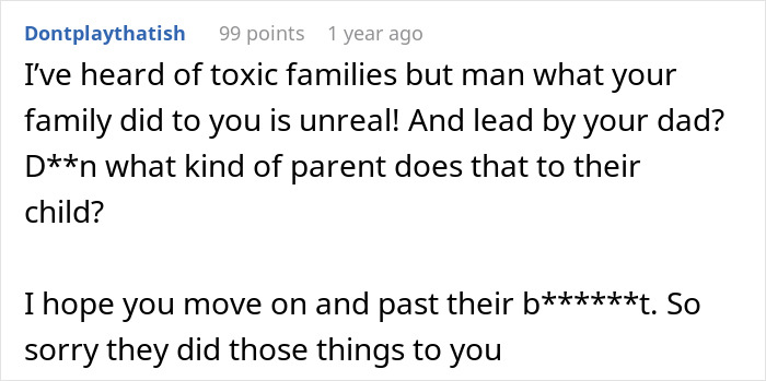 Comment expressing shock at toxic male relatives and friends ruining a guy&rsquo;s marriage to get with his ex-wife.