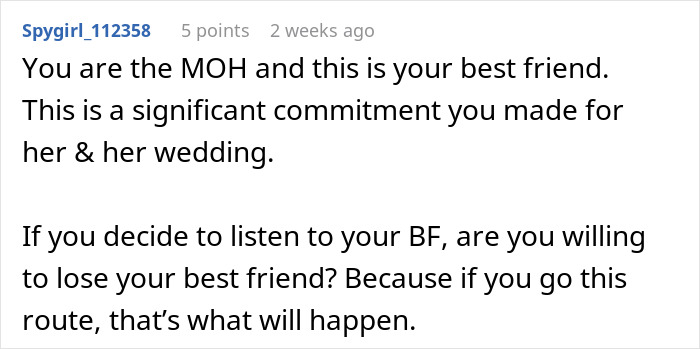 Text comment about maid of honor duties and boyfriend conflict in a friend&rsquo;s wedding context, showing true face.