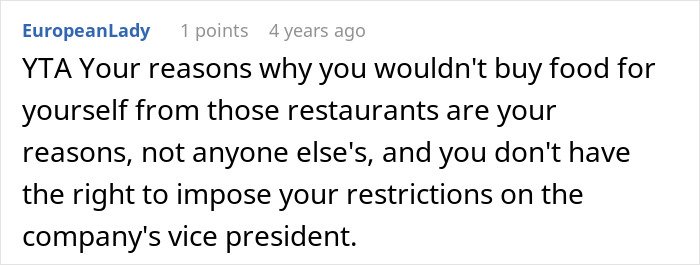 Text comment on a forum discussing entitlement and conflict at work after a coworker stops picking up lunches.