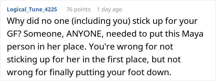 Reddit user defending guy's GF after bullying by best friend's GF, highlighting choice between GF and bestie's birthday.