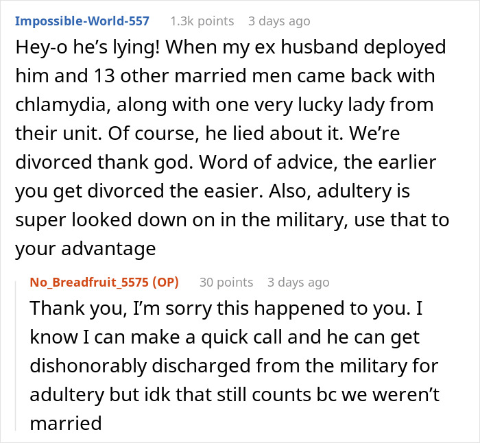 Reddit conversation about chlamydia and boyfriend cheating affecting a military marriage and relationship advice.