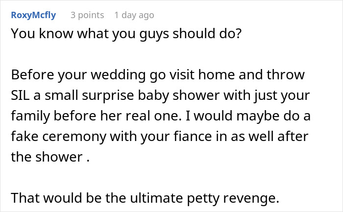 Comment suggesting surprise baby shower and fake ceremony to create drama involving groom&rsquo;s brother on wedding day.