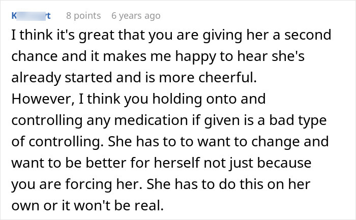 Screenshot of a Reddit comment discussing giving a wife a second chance and the challenges of controlling medication.