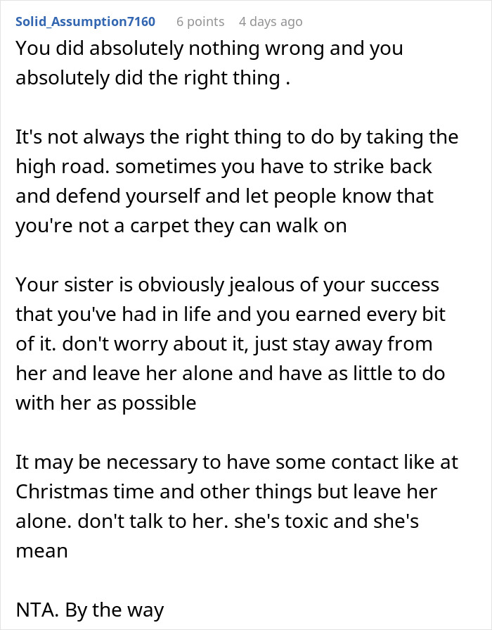 Comment text on woman firing back after sister insults her, making husband go red and leaving kids confused.