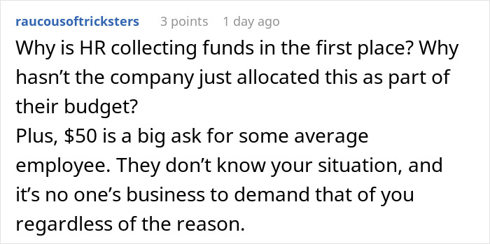 Comment discussing refusal to contribute $50 to coworker’s retirement gift after a difficult work relationship.