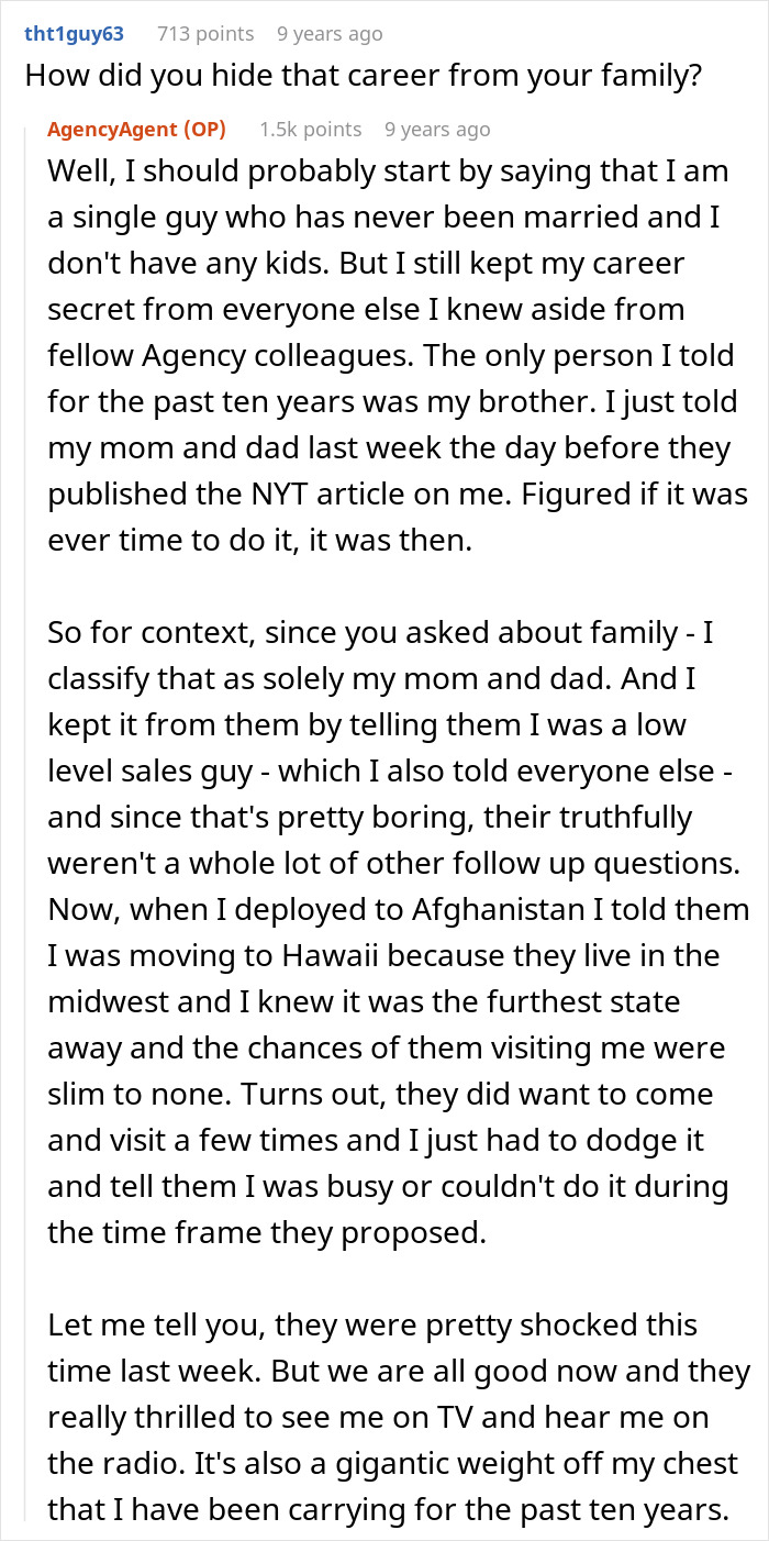 Reddit discussion with former CIA case officer answering questions about hiding career from family.