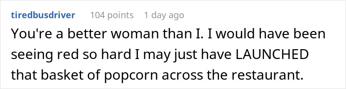Text comment on a social media post discussing a family dinner ruined by a rude mother and expressing frustration with the situation.