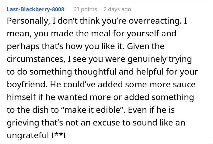 Comment discussing a woman bringing leftovers to support her boyfriend in mourning and the food being called inedible.