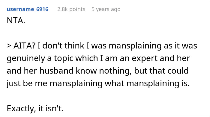 Screenshot of a Reddit comment discussing mansplaining in a debate about a fat phobic mom calling her 18-year-old child a whale.