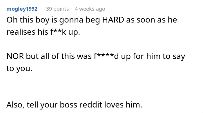 Reddit comment discussing a woman wondering if her conversations with her boss were inappropriate after boyfriend loses it.