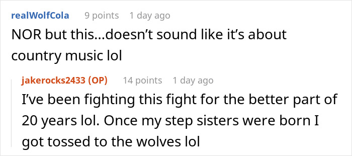 Screenshot of a Reddit conversation about a man upset after parents forced him to have beer at his wedding and leave early due to music.