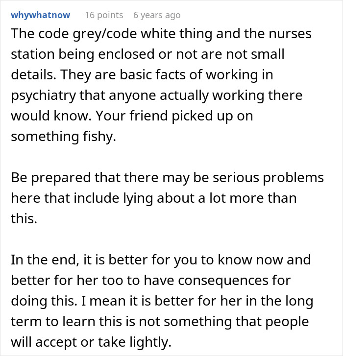 Comment discussing psychiatric nurse station details and warning about potential serious issues involving lying and consequences.