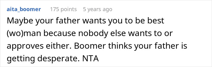 Screenshot of a forum comment discussing a daughter refusing to be her dad’s best woman at his wedding.