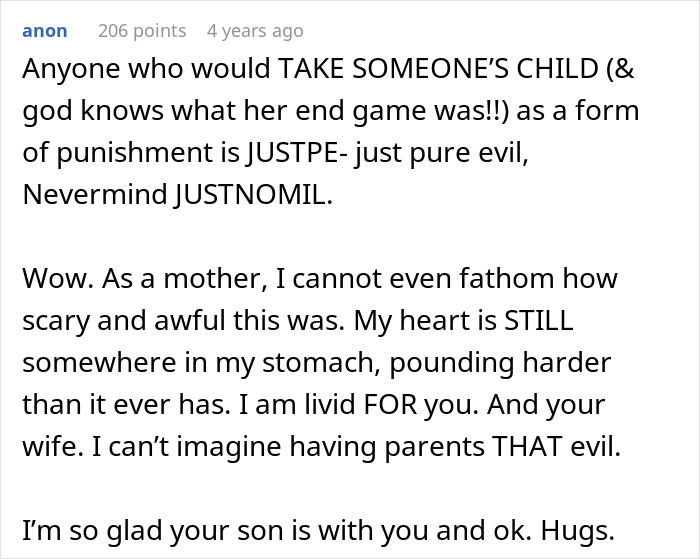 Comment expressing shock and anger over a religious MIL kidnapping their son as revenge for eloping. Comment expressing shock and anger over a religious MIL kidnapping their son as revenge for eloping.