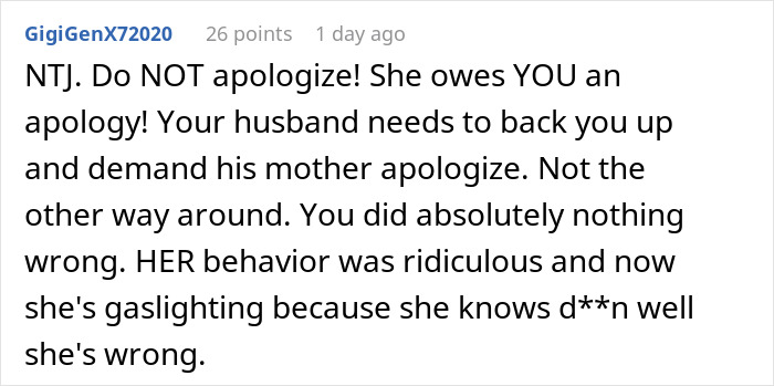 Comment defending woman who made MIL cry after public shaming, emphasizing no apology needed and calling out gaslighting behavior.