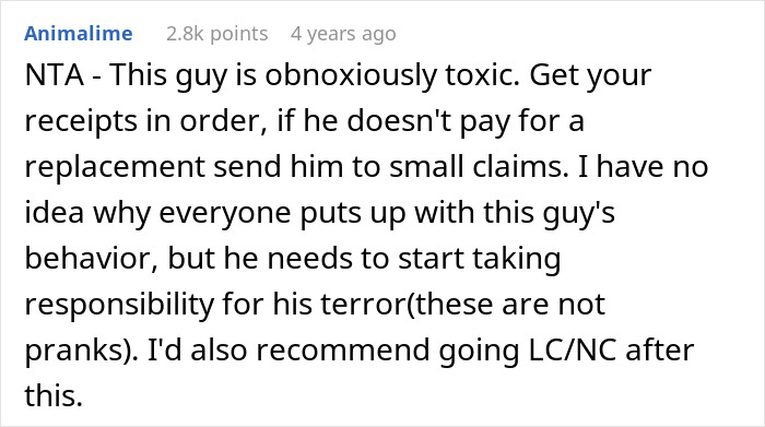 Screenshot of an online comment discussing a groom pranking his brother-in-law’s girlfriend and refusing to pay for the damage caused.