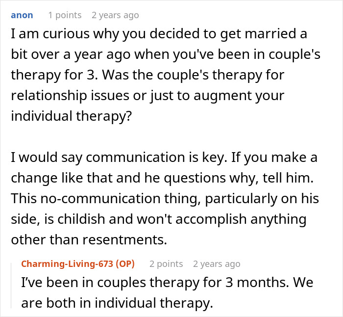 Comment thread discussing relationship therapy and communication for couples dealing with submissive behavior and standing up for themselves.