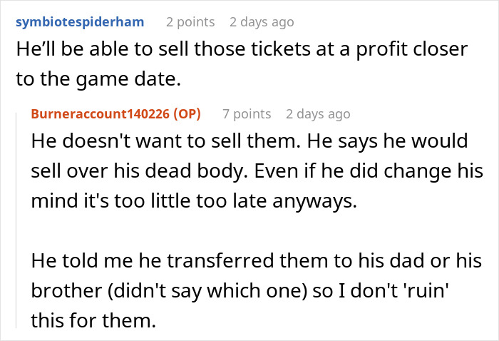 Comment thread discussing a jobless spouse draining emergency fund for essential World Cup tickets and refusal to sell them.