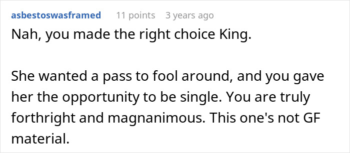 Reddit comment discussing a woman suggesting an open relationship and the guy breaking up with her immediately.