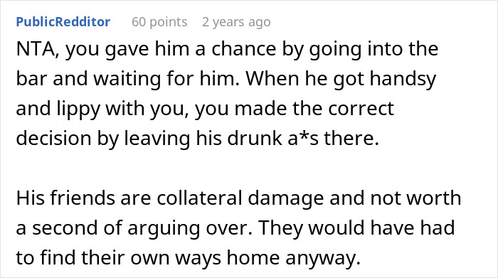 Comment discussing a woman telling her drunk boyfriend to stop acting like a jerk, highlighting his refusal.
