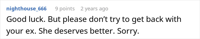 Comment text on a white background showing a user advising not to get back with an ex due to insecurity and relationship issues. Comment text on a white background showing a user advising not to get back with an ex due to insecurity and relationship issues.