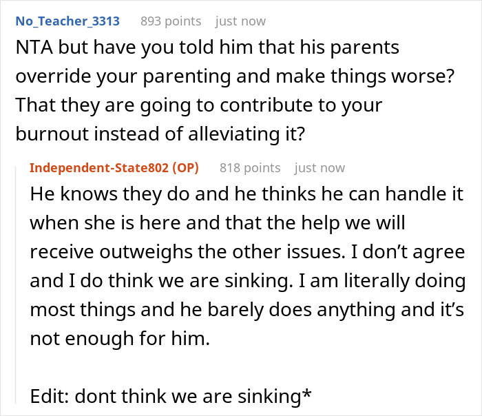Screenshot of an online discussion about a lazy hubby inviting mom to help and wife dumping chores on him in frustration.