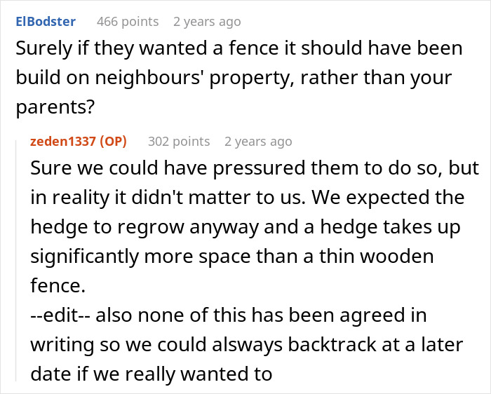 Online discussion about neighbors pressuring woman to trim living hedge dividing properties and her malicious compliance.