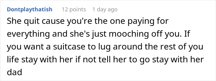 Screenshot of a Reddit comment discussing a girlfriend who quit her job but pretended to go to work, revealing relationship tension.
