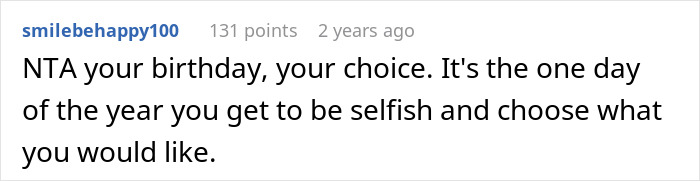 Screenshot of online comment discussing a woman tired of friend&rsquo;s strict diet enforcement on her birthday.