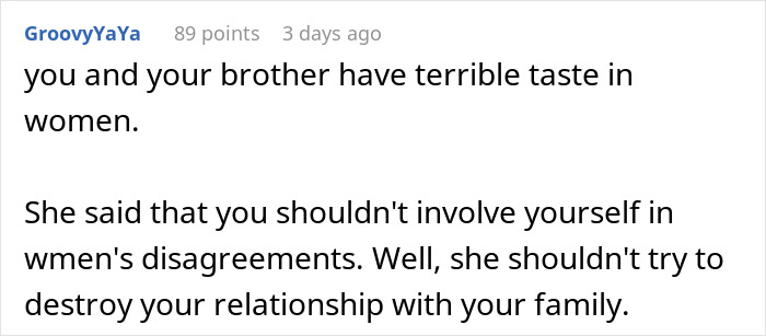 Comment text discussing husband leaving wife behind after she reveals outfit plans for brother's wedding, highlighting relationship tension.