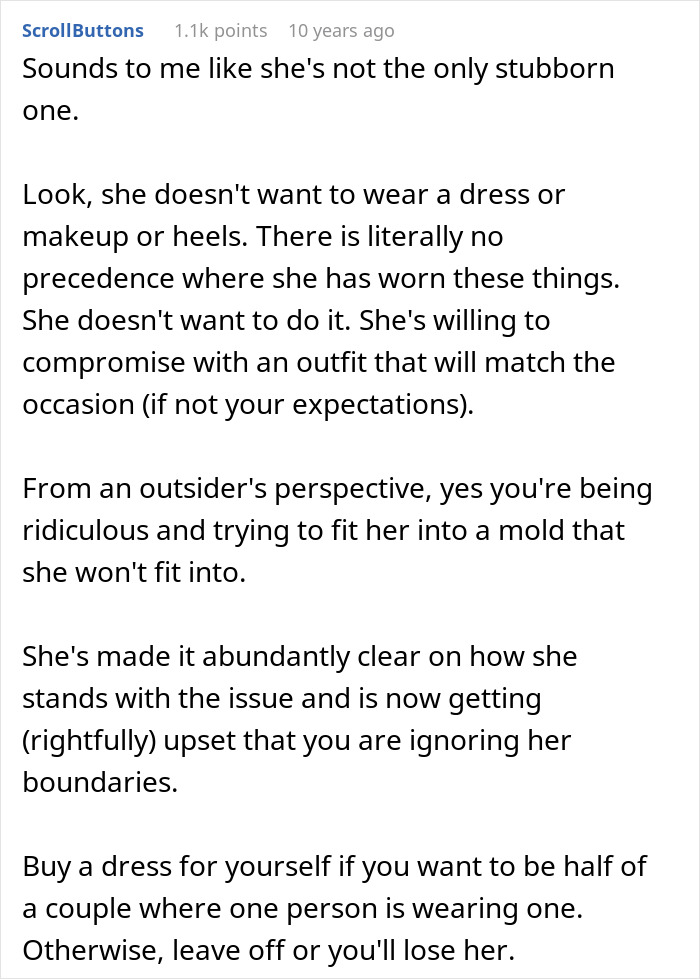 Comment discussing a guy who can't handle his girlfriend refusing to wear dresses, even for a wedding.